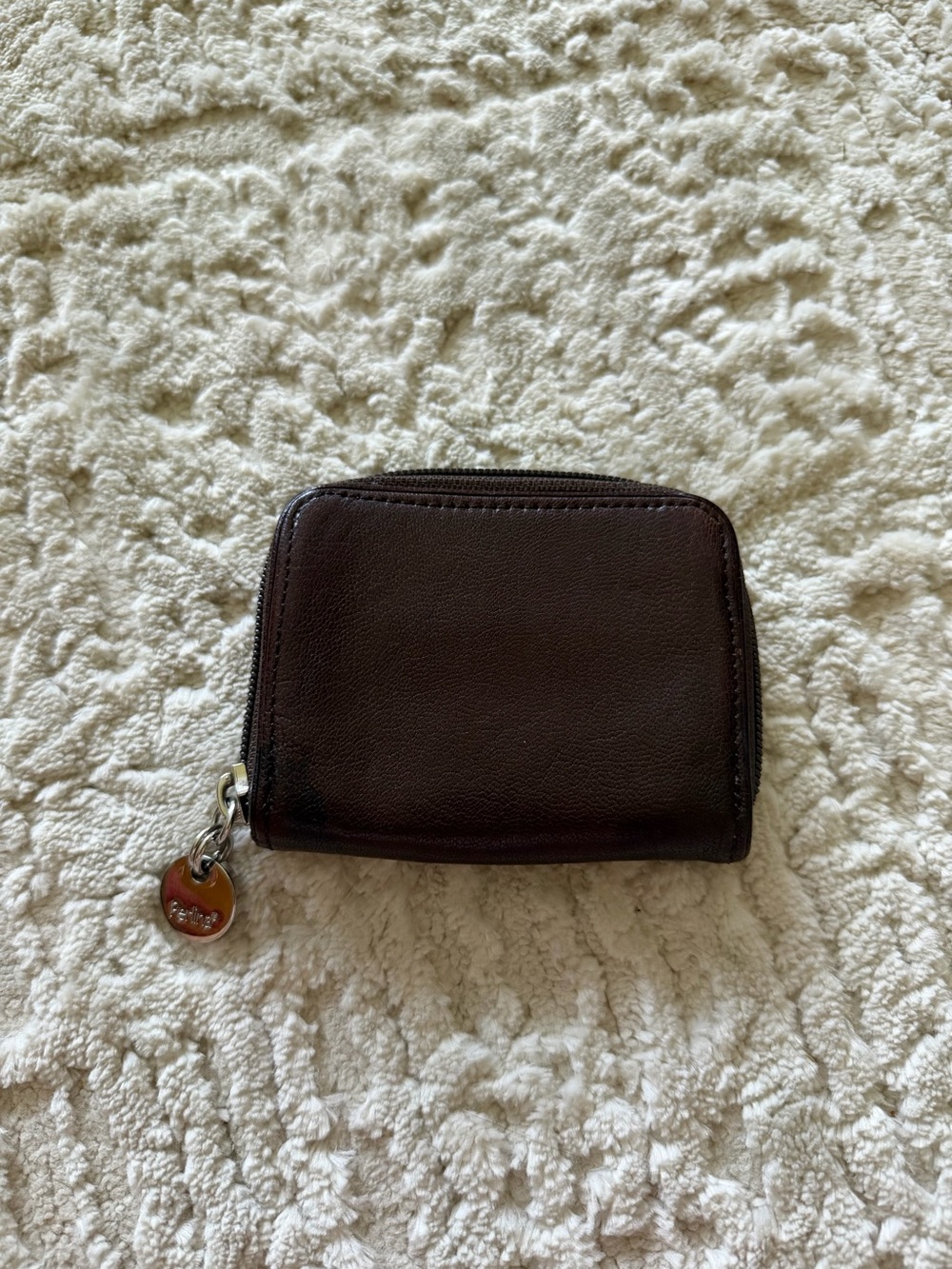 Perlina Compact Dark Brown Leather Zip Wallet with Charm
